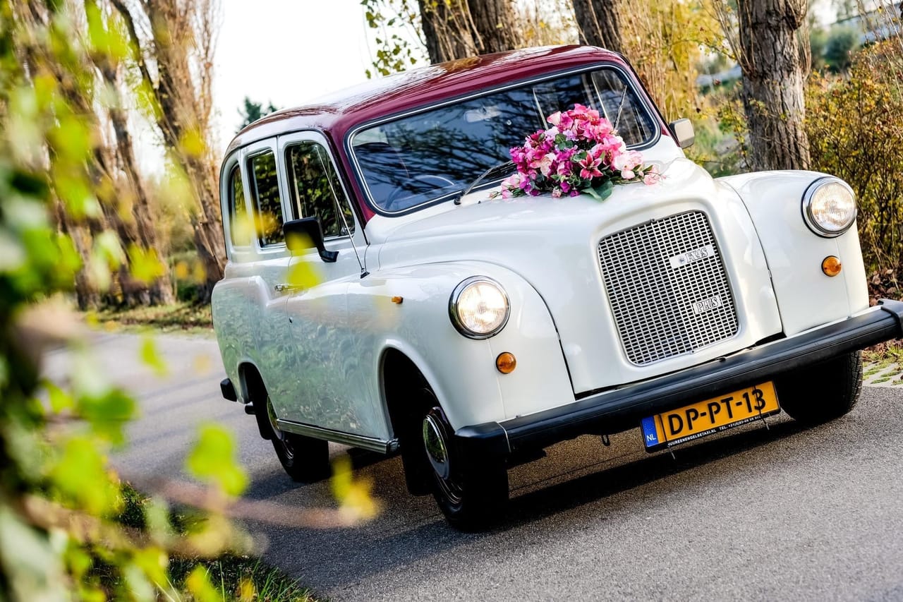White London taxi with a burgundy roof and a pink flower arrangement on the bonnet, on a road between autumn trees